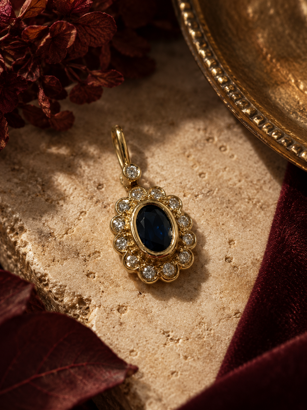 Colgante de oro 18k, zafiro y diamantes