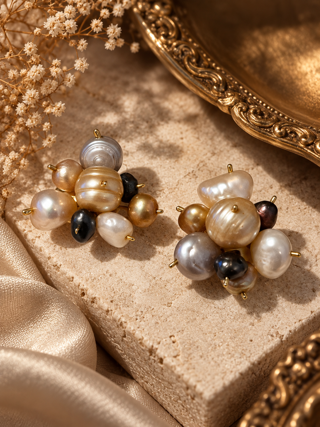 Pendientes años 80 racimo de perlas barrocas multicolor oro 18k