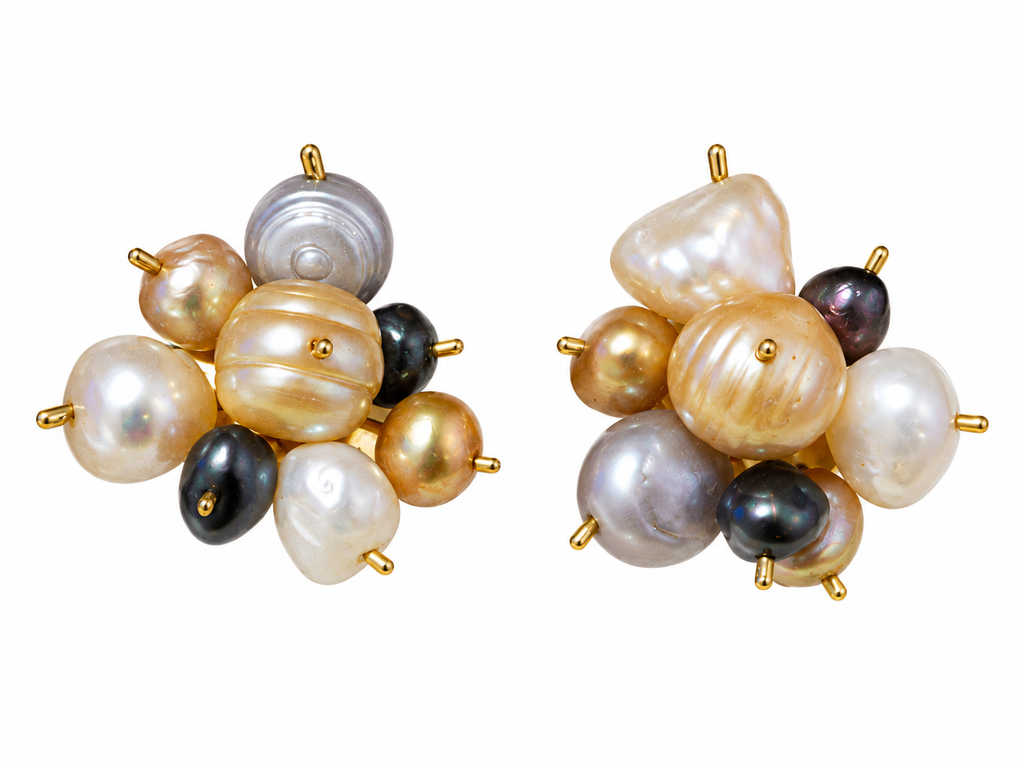 Pendientes años 80 racimo de perlas barrocas multicolor oro 18k