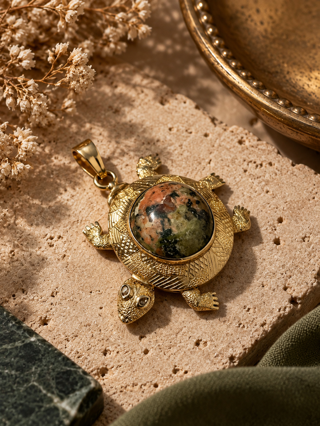 Colgante vintage tortuga oro 18k y jaspe multicolor