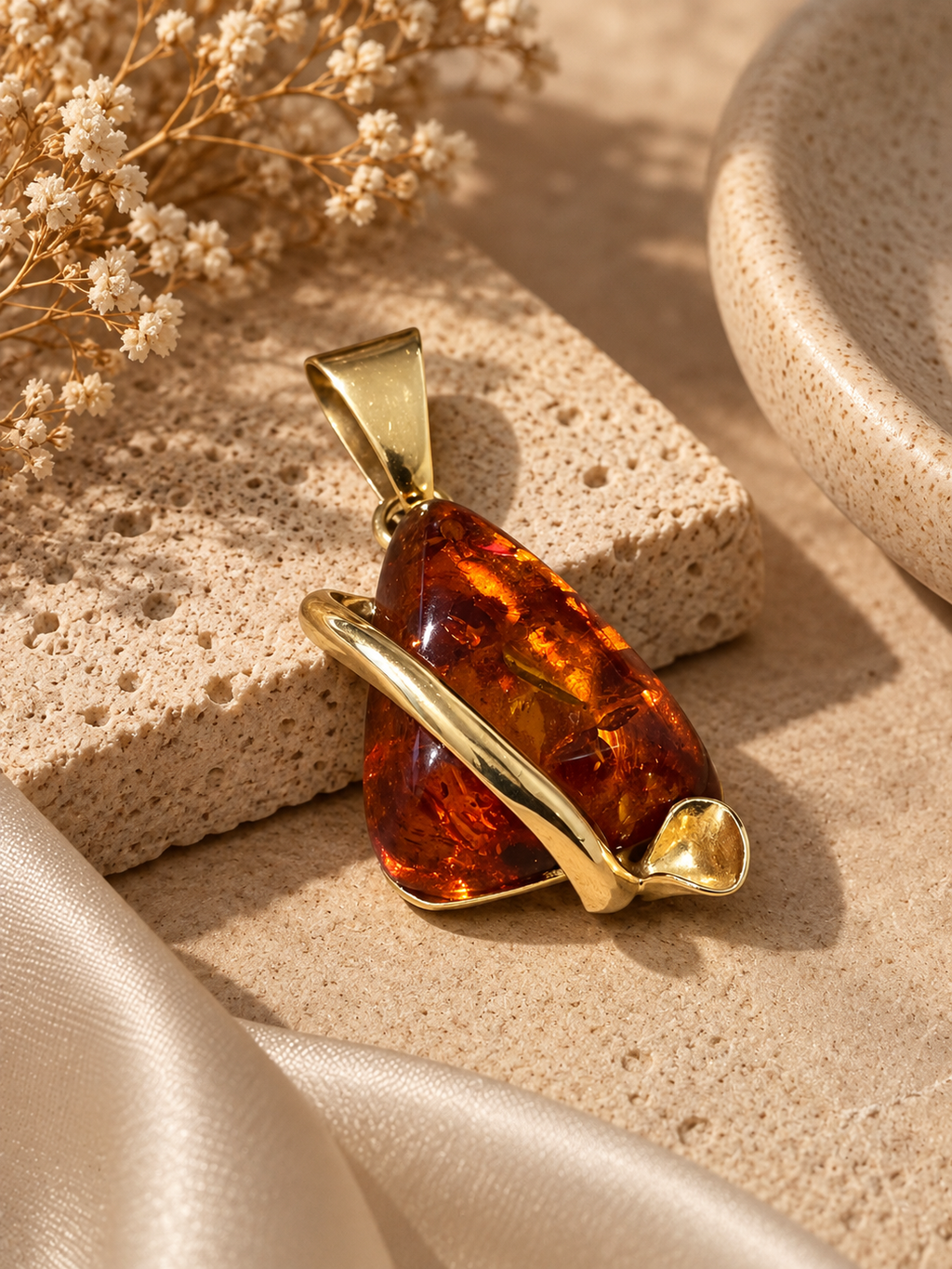 Colgante triangular oro 18k y ámbar