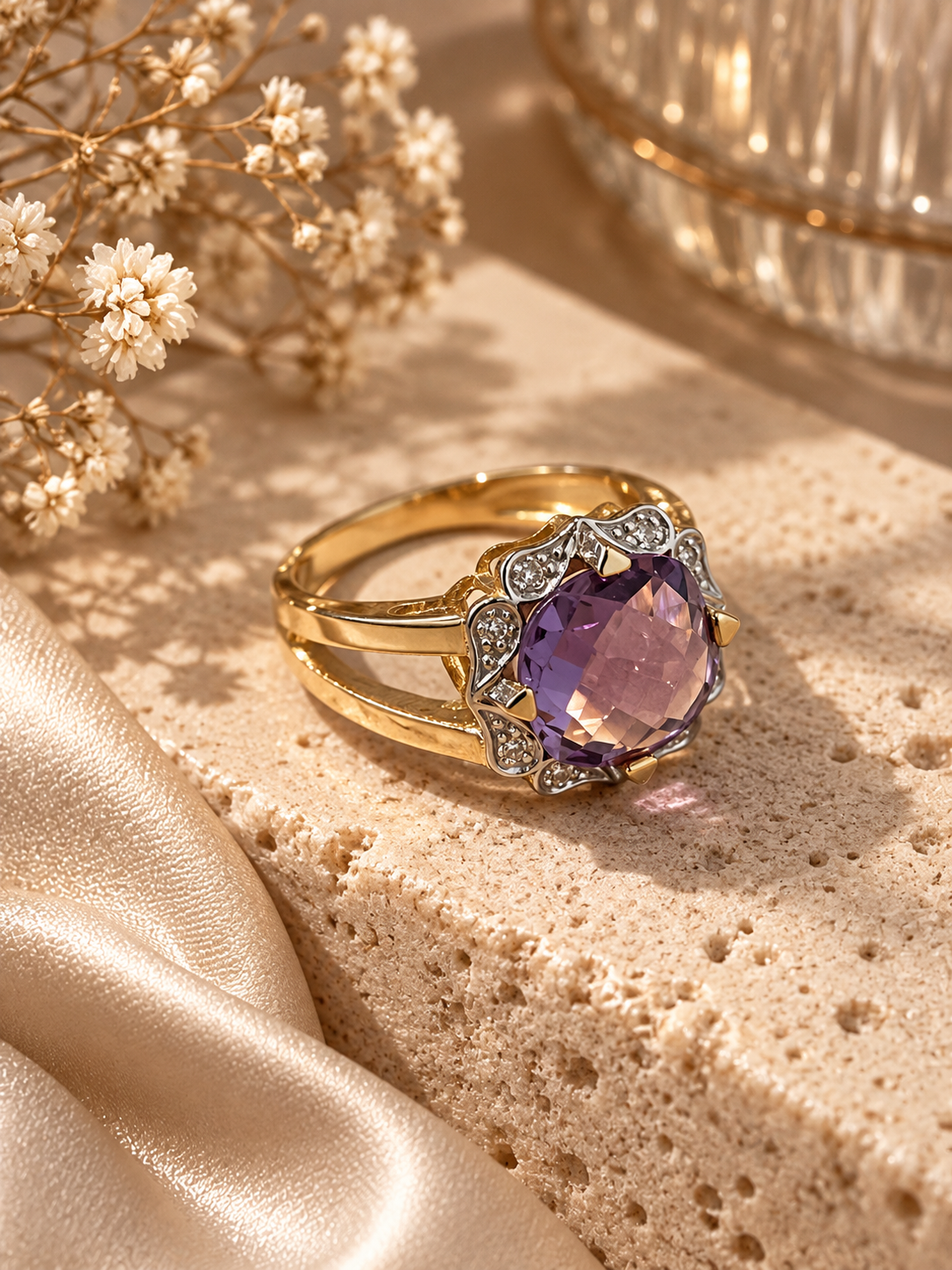 Anillo oro 18k, amatista y diamantes