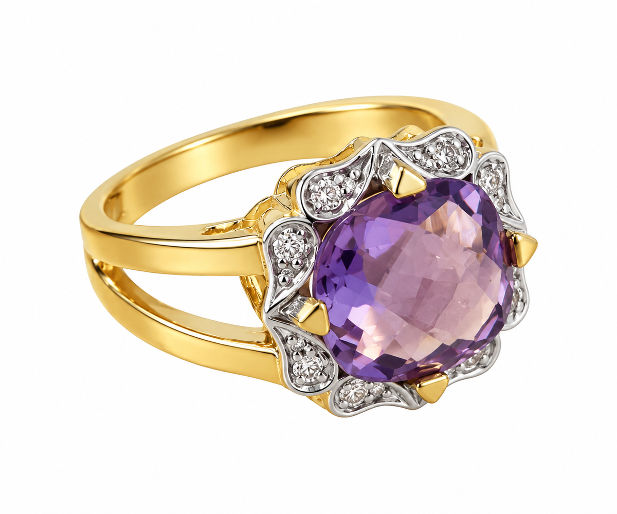 Anillo oro 18k, amatista y diamantes