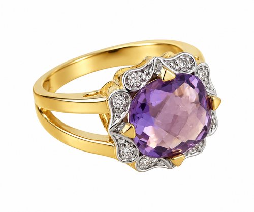 Anillo oro 18k, amatista y diamantes