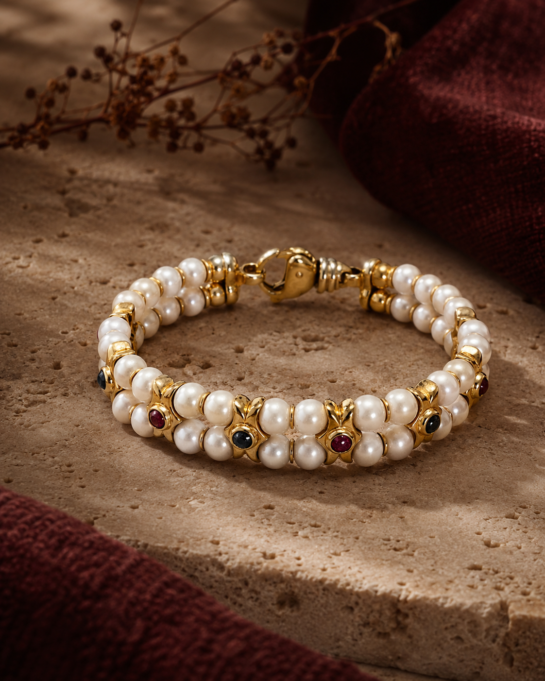 Pulsera años 80 de oro 18k, perlas, rubíes y zafiros