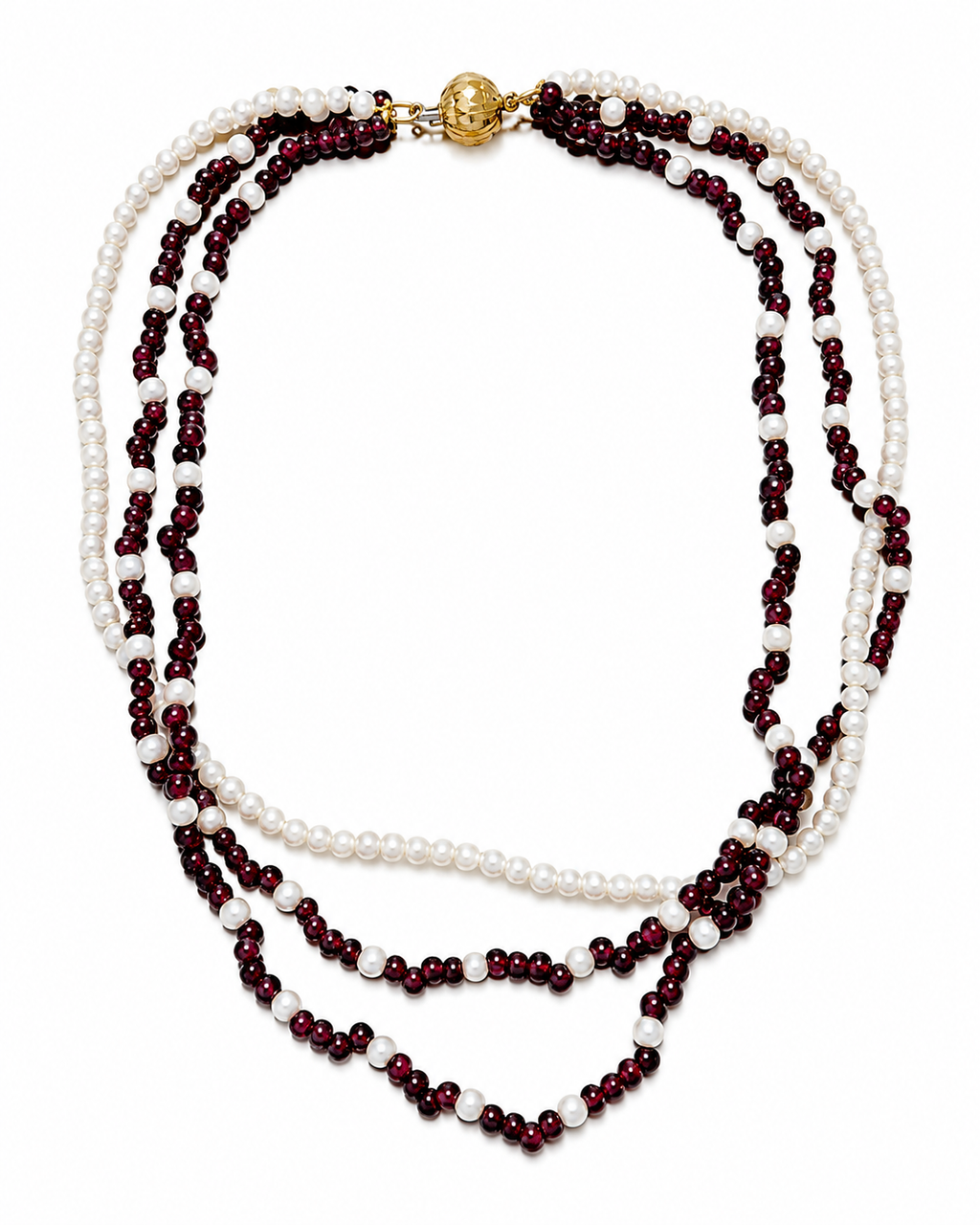 Collar triple hilo de oro 18k granates y perlas