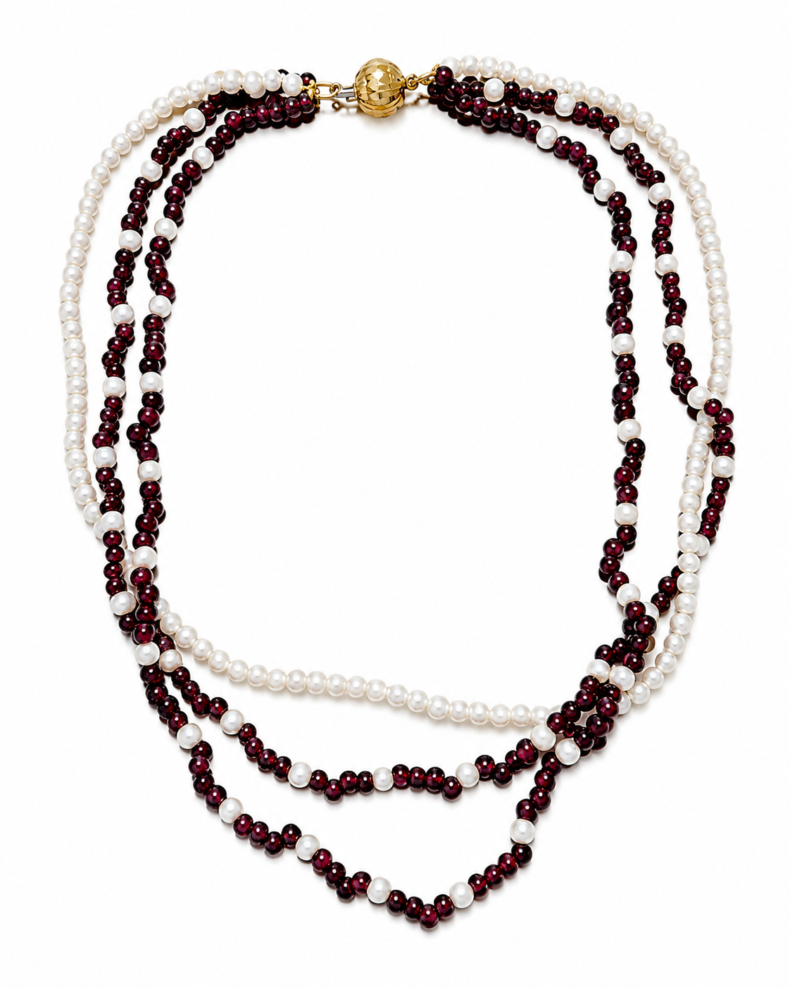 Collar triple hilo de oro 18k granates y perlas
