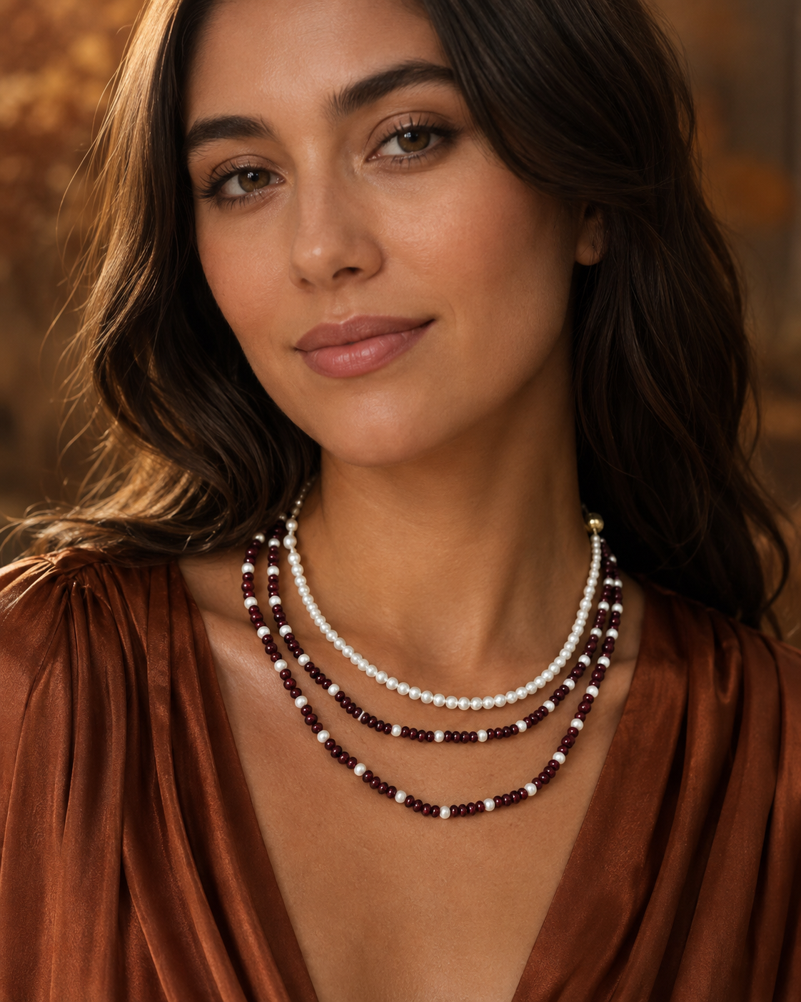 Collar triple hilo de oro 18k granates y perlas