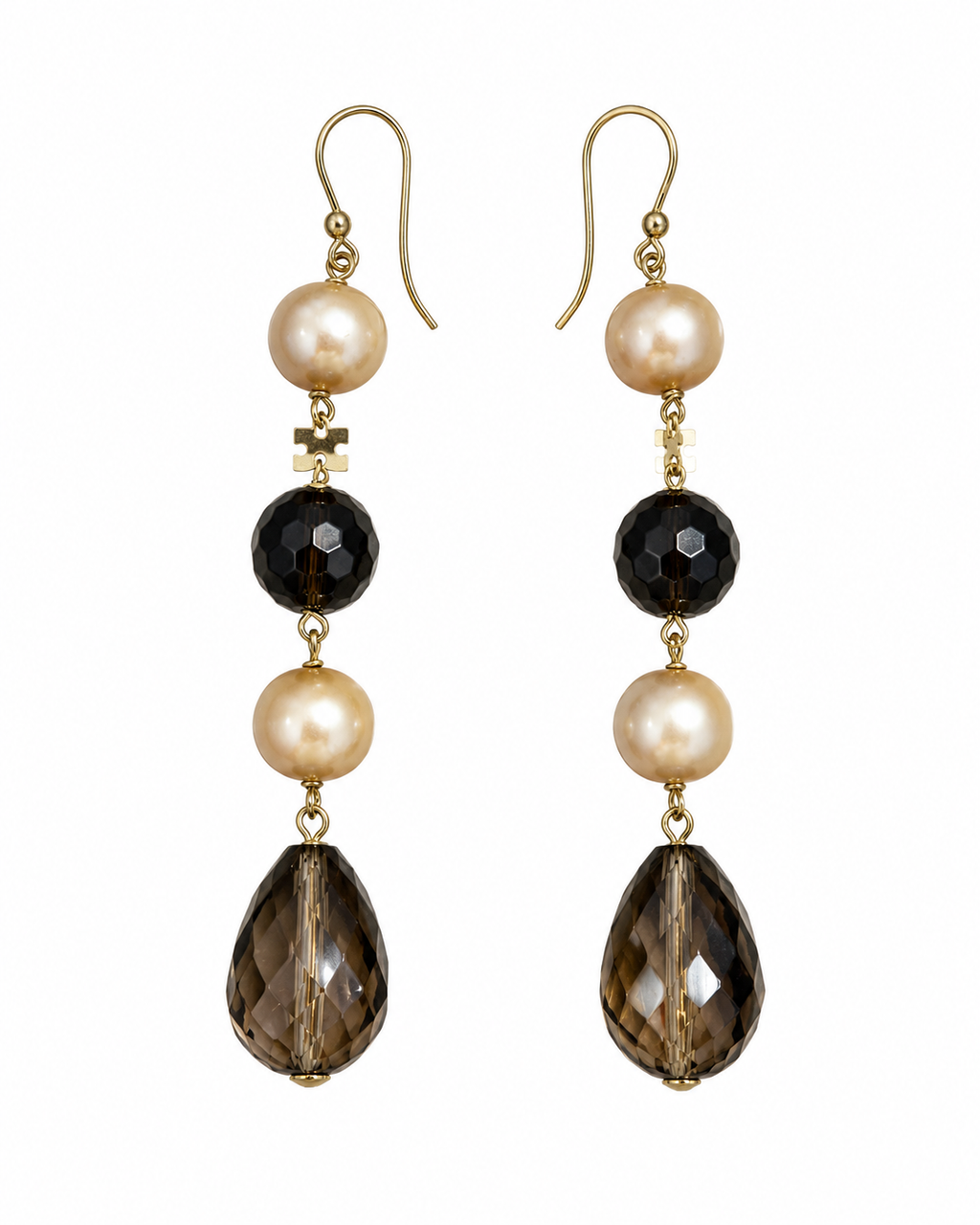 Pendientes largos oro 18k cuarzos fumé y perlas