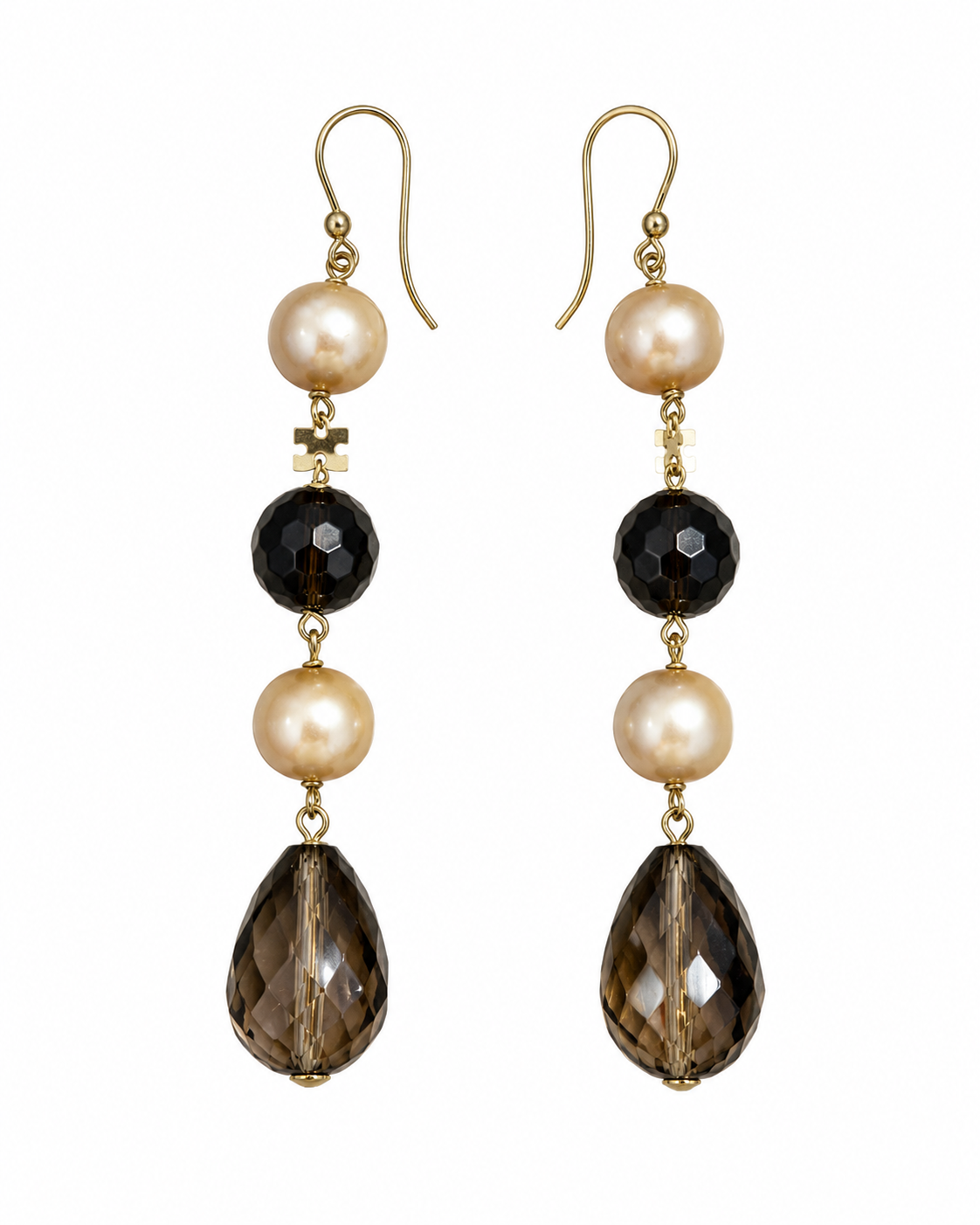 Pendientes largos oro 18k cuarzos fumé y perlas