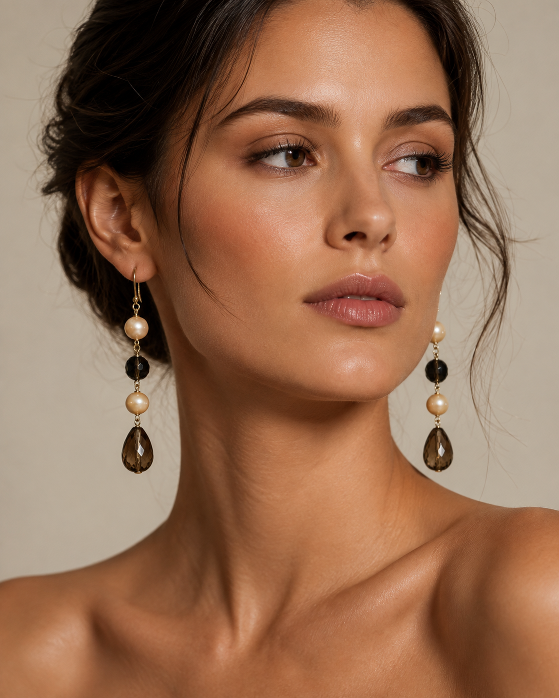 Pendientes largos oro 18k cuarzos fumé y perlas