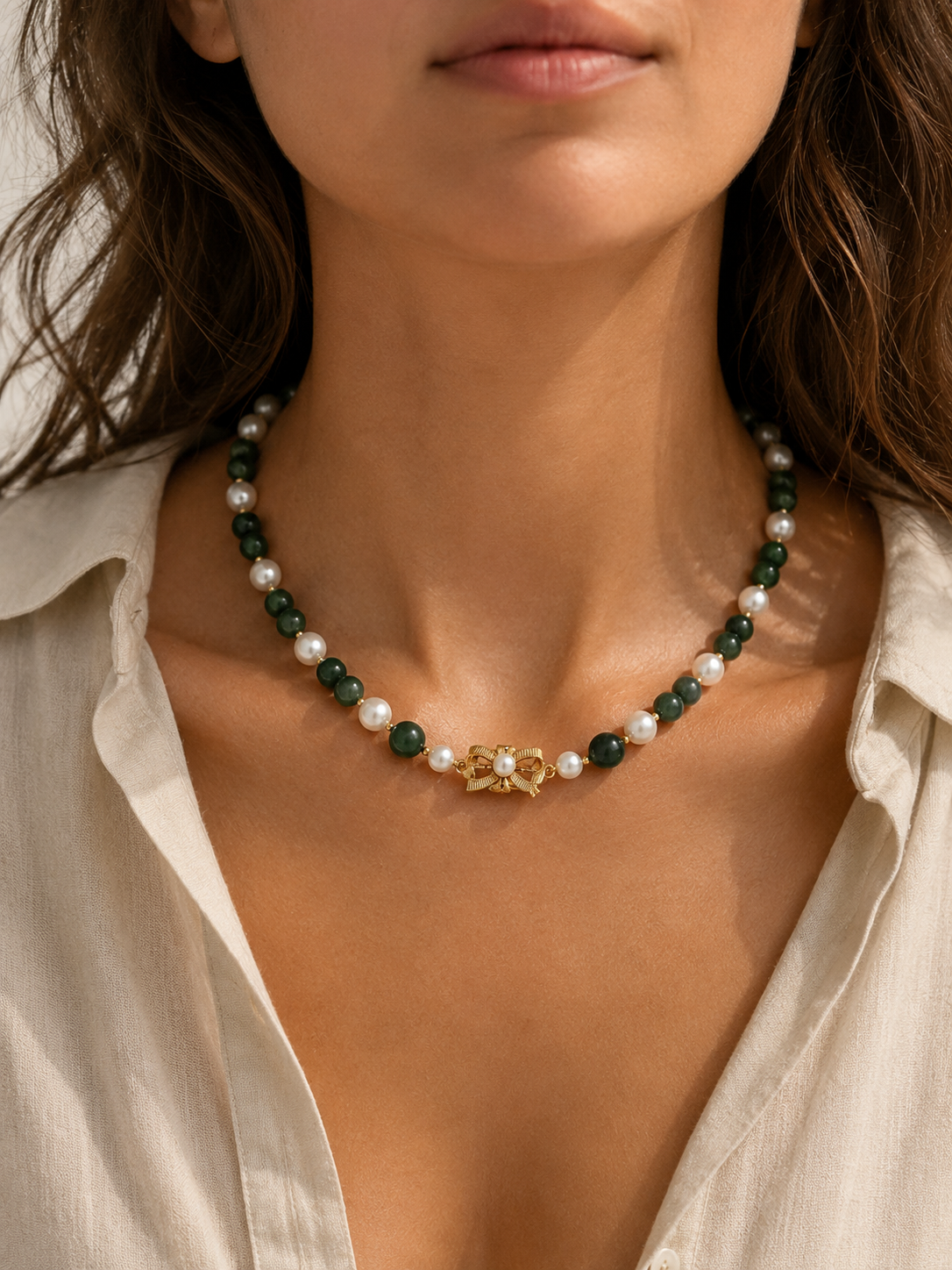 Collar oro 18k jade nefrita y perlas