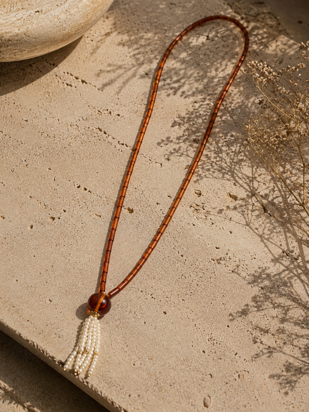Collar largo de oro 18k ámbar, cornalina y perlas