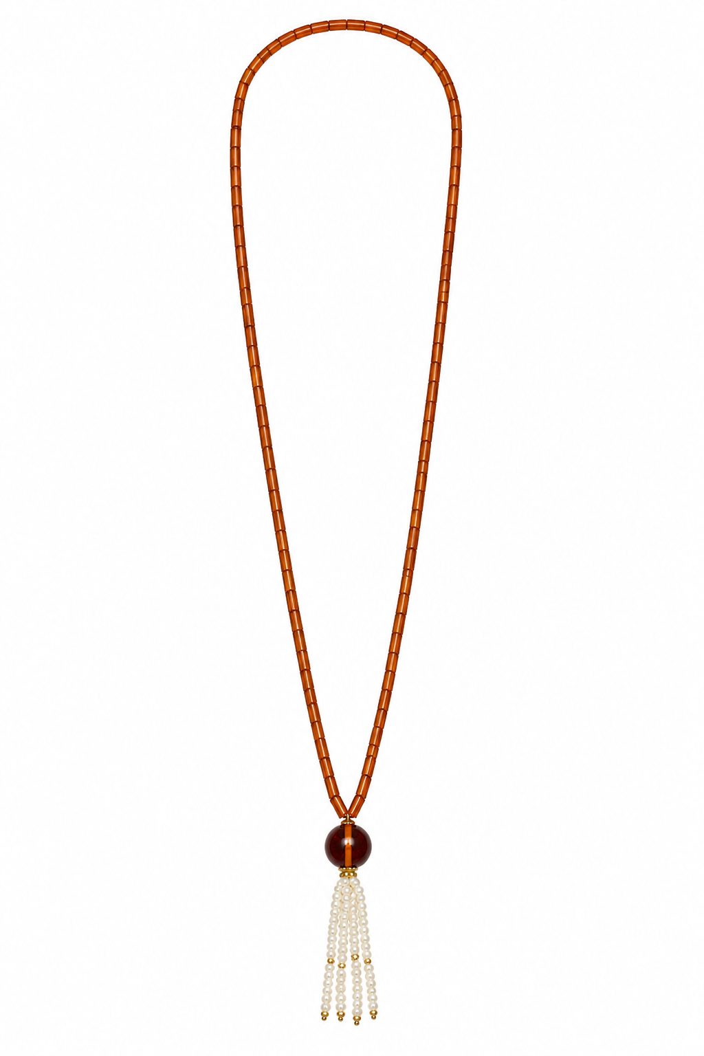 Collar largo de oro 18k ámbar, cornalina y perlas