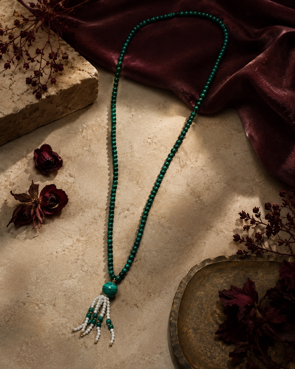 Collar largo de oro 18k, malaquita y perlas