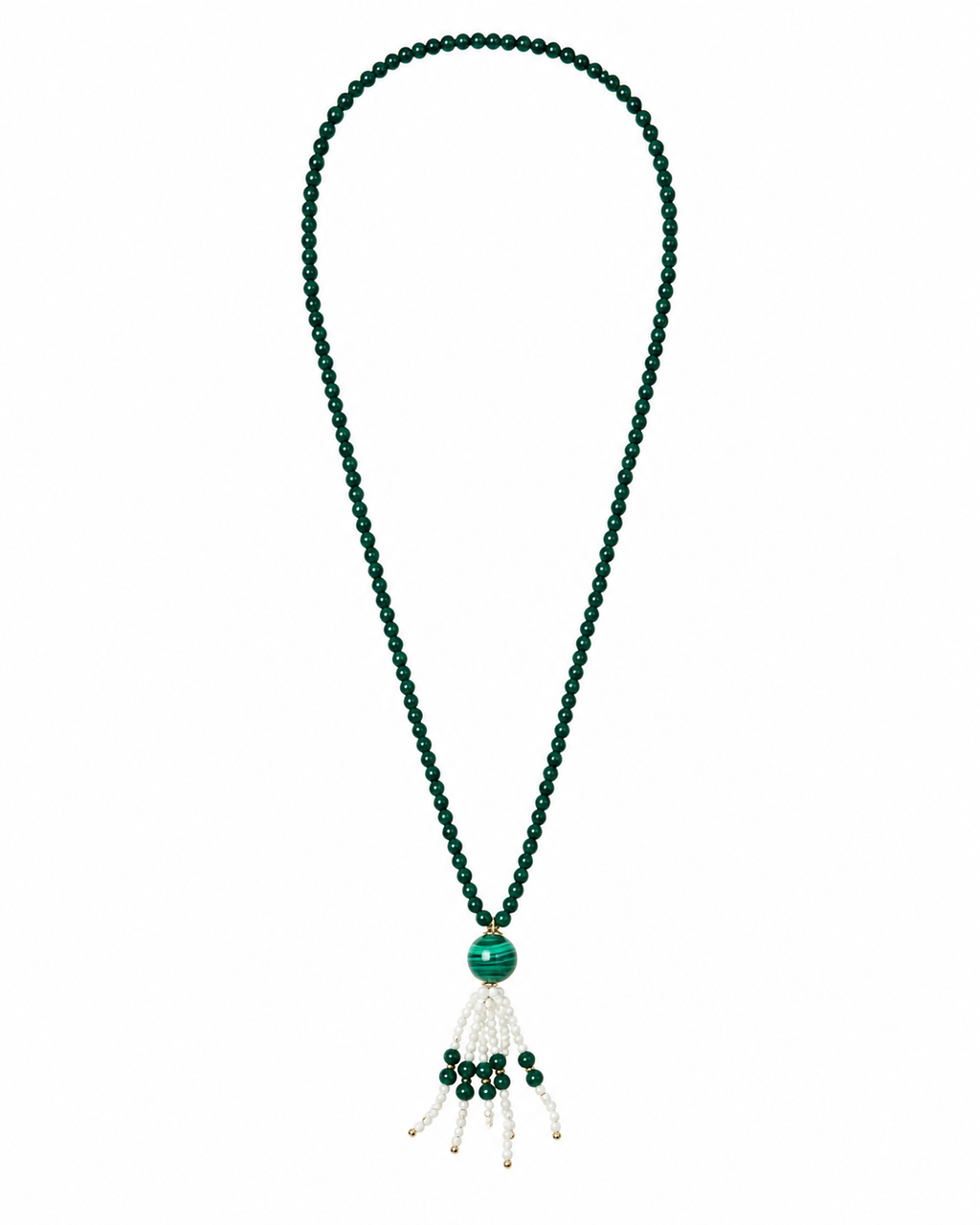 Collar largo de oro 18k, malaquita y perlas