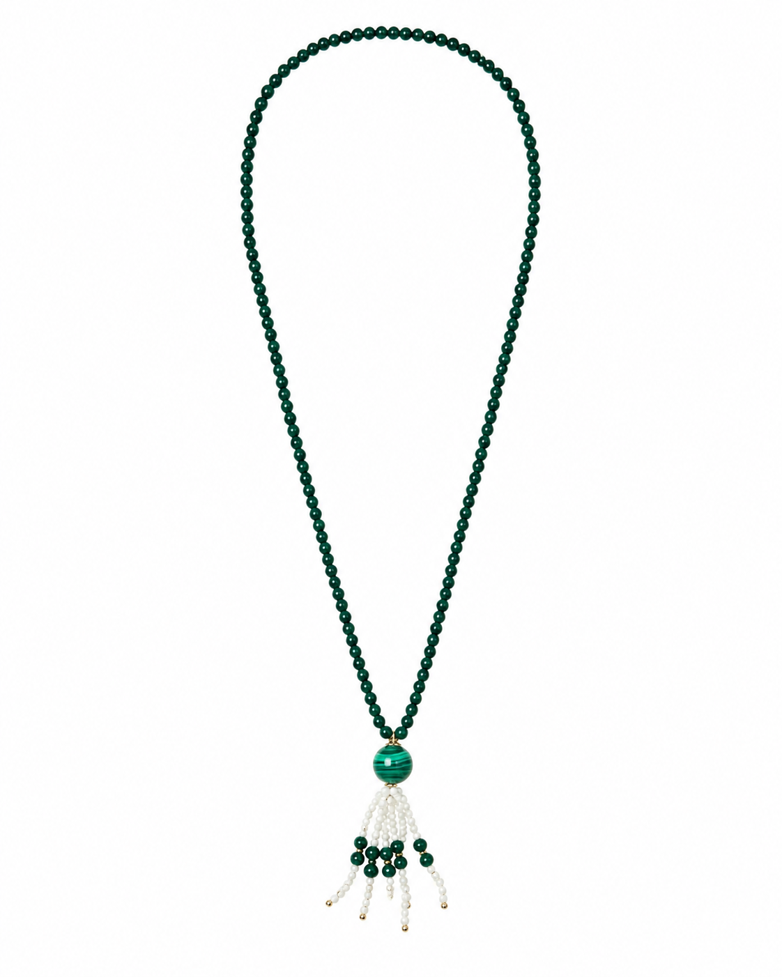 Collar largo de oro 18k, malaquita y perlas
