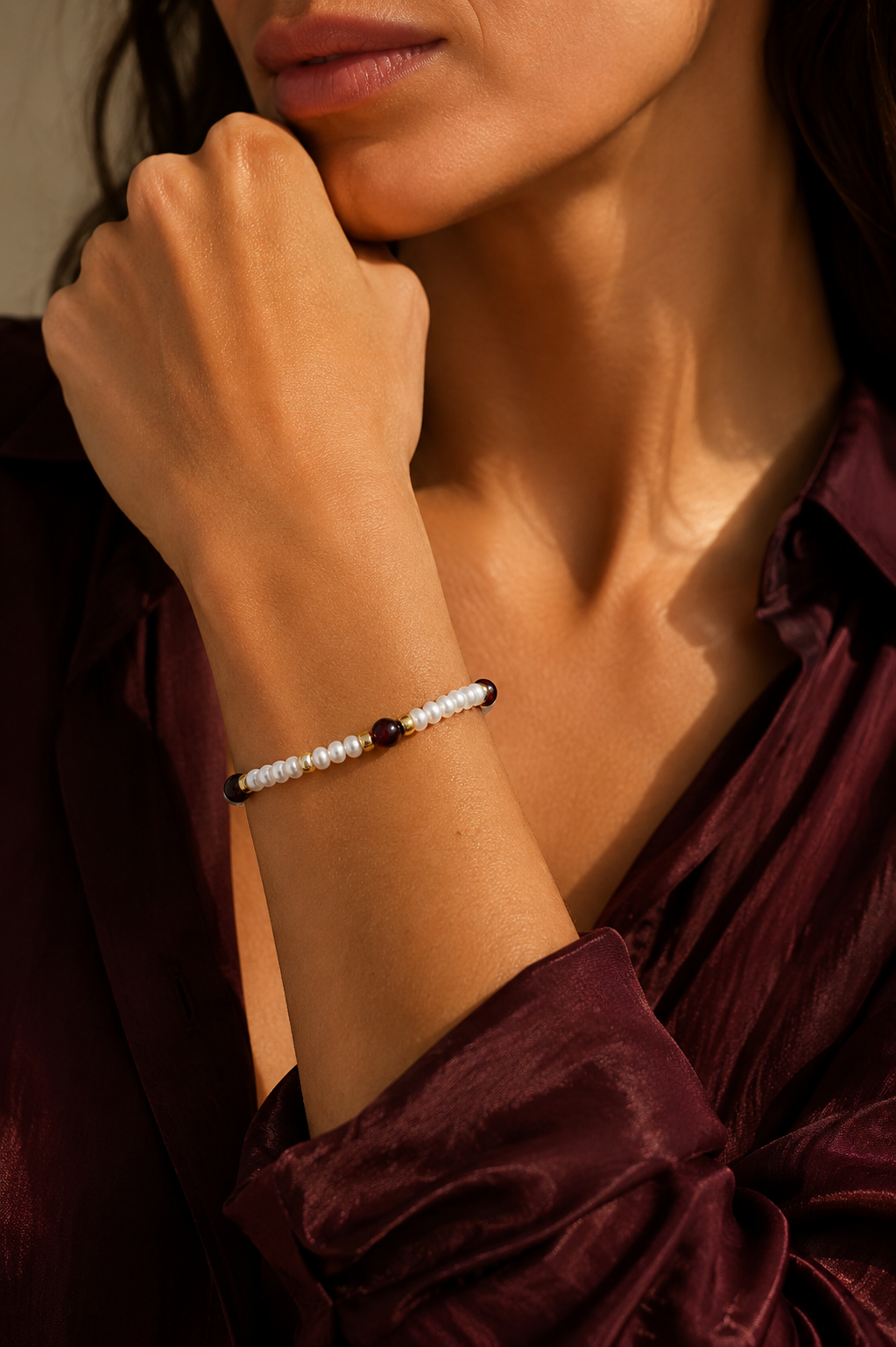 Pulsera de oro 18k, perlas y granates