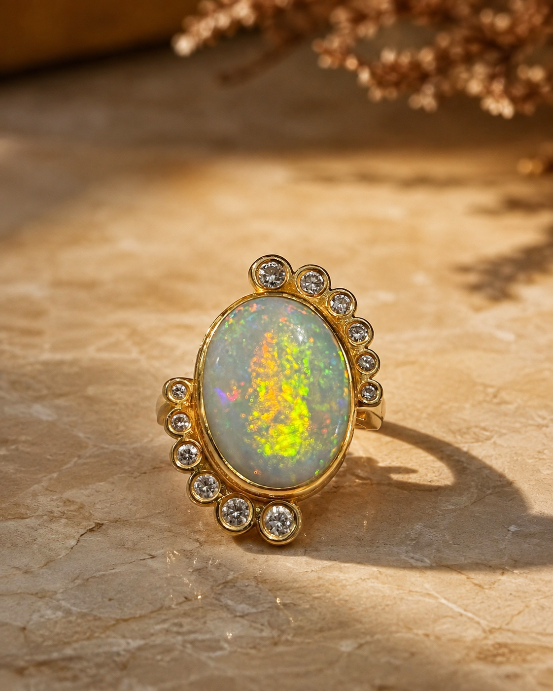 Anillo de oro 18k ópalo y diamantes