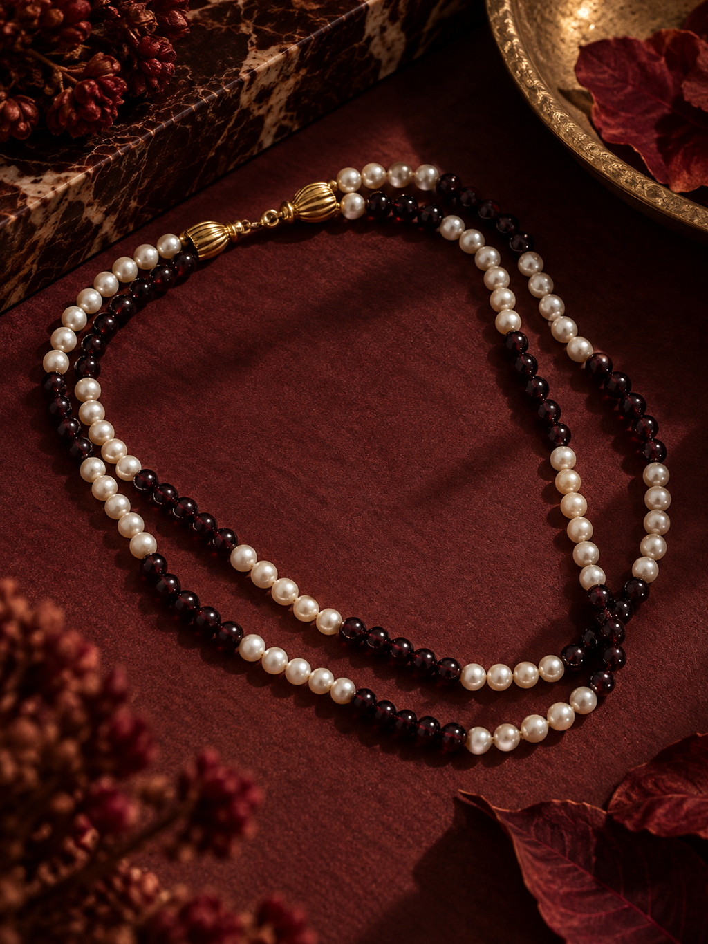 Collar doble hilo de oro 18k granates y perlas cultivadas