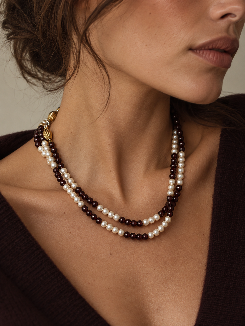 Collar doble hilo de oro 18k granates y perlas cultivadas