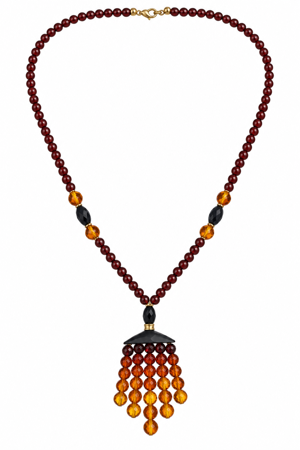 Collar de ámbar facetado, ónix negro y oro 18k