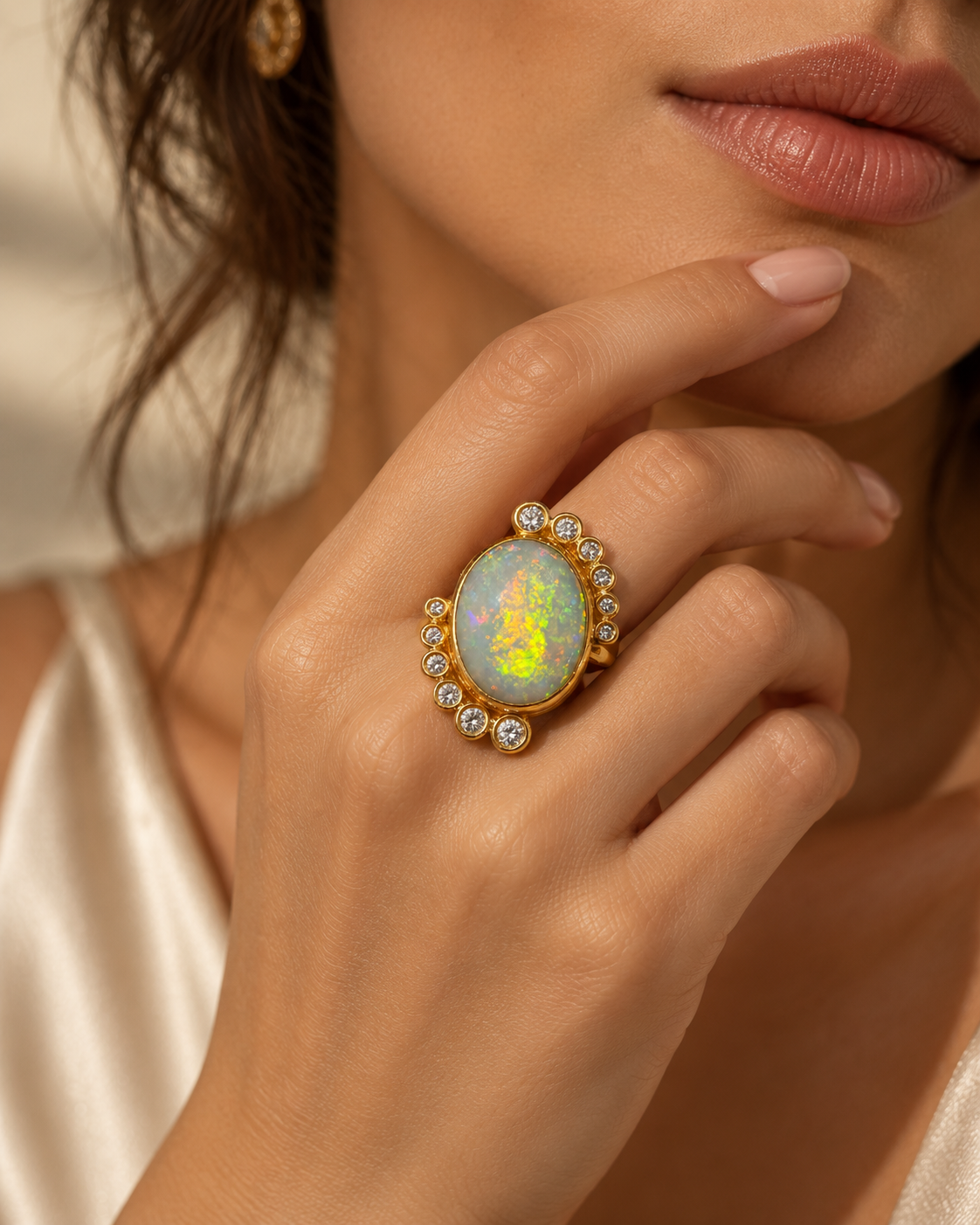 Anillo de oro 18k ópalo y diamantes