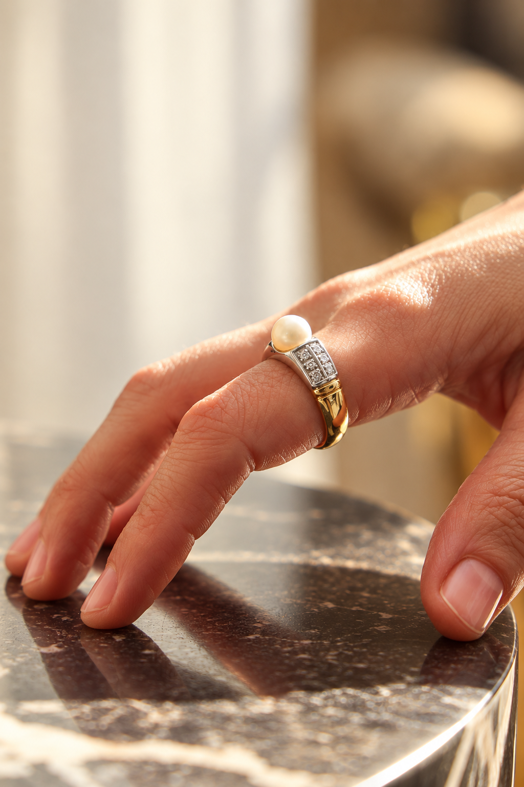 Anillo de oro, perla japonesa y diamantes